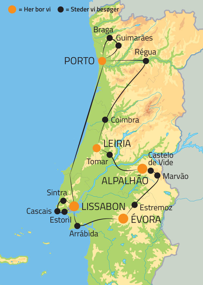 Kort over rejsen P opdaelse i Portugal